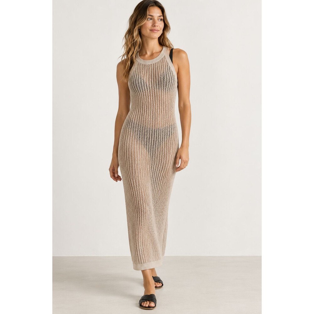 NWT Quince Women 100% Organic Cotton Open-knit Cover-up Maxi Dress Beige Swim